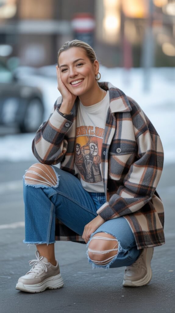 Shacket with Graphic Tee, Ripped Jeans, and Platform Sneakers