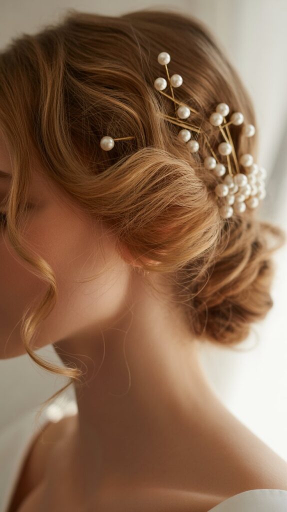 33 Best Half-Up, Half-Down Bridal Hairstyles 14 . Half-Up with Pearl Pins