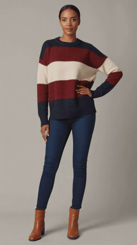 30 Chic Casual Fall Outfits for Women with Jeans 14 Color-Block Sweater and Dark Jeans