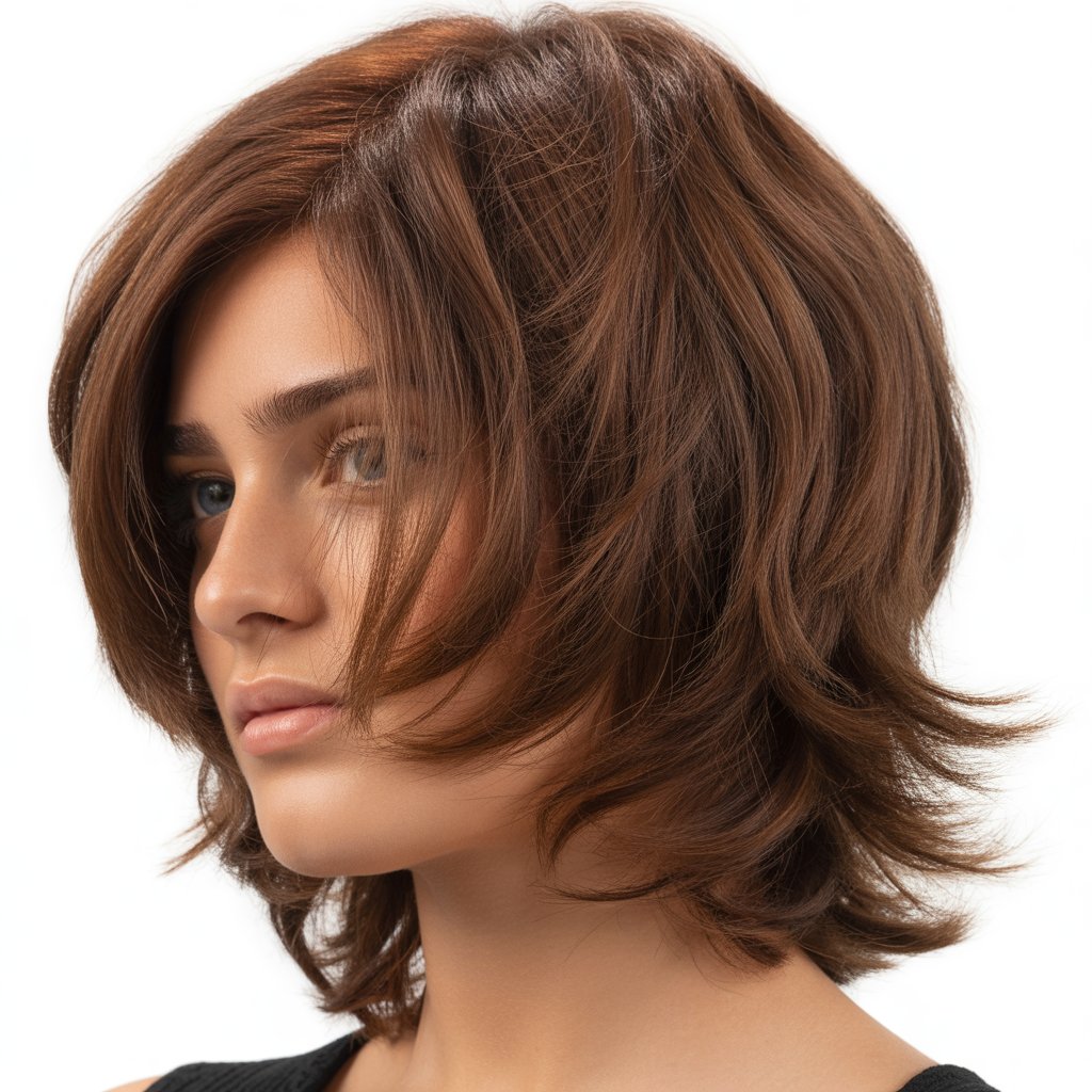 27+ Expert-Approved Hairstyles for Thin Hair and Round Faces 34 Choppy Midi with Side Part