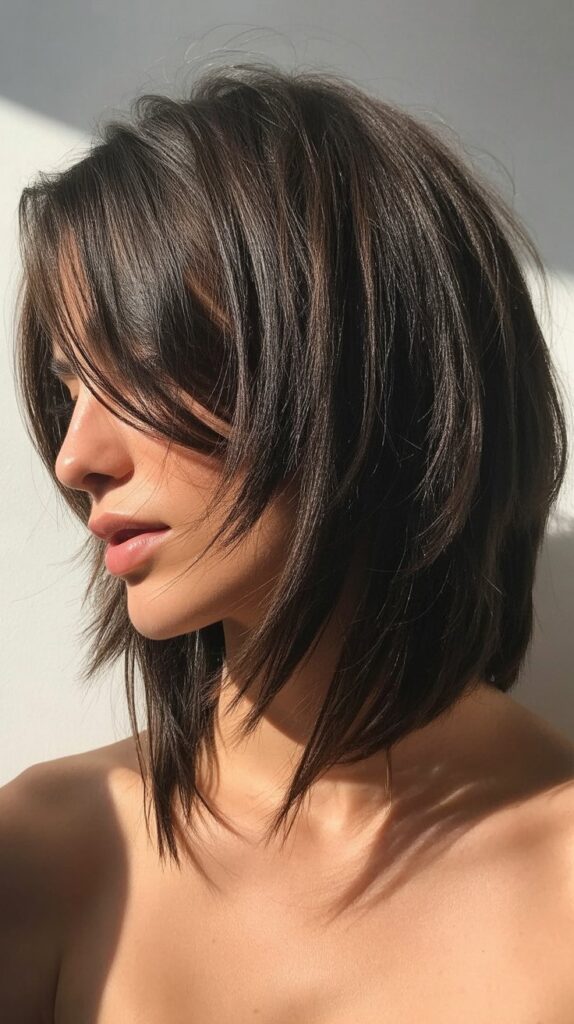 Asymmetrical Long Bob with Side-Swept Curtain Bangs