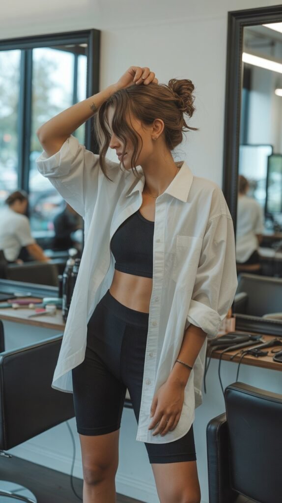 Oversized Button-Up with Bike Shorts