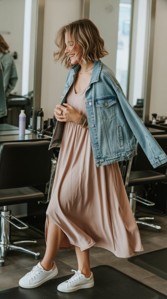  Midi Dress with Sneakers and Denim Jacket