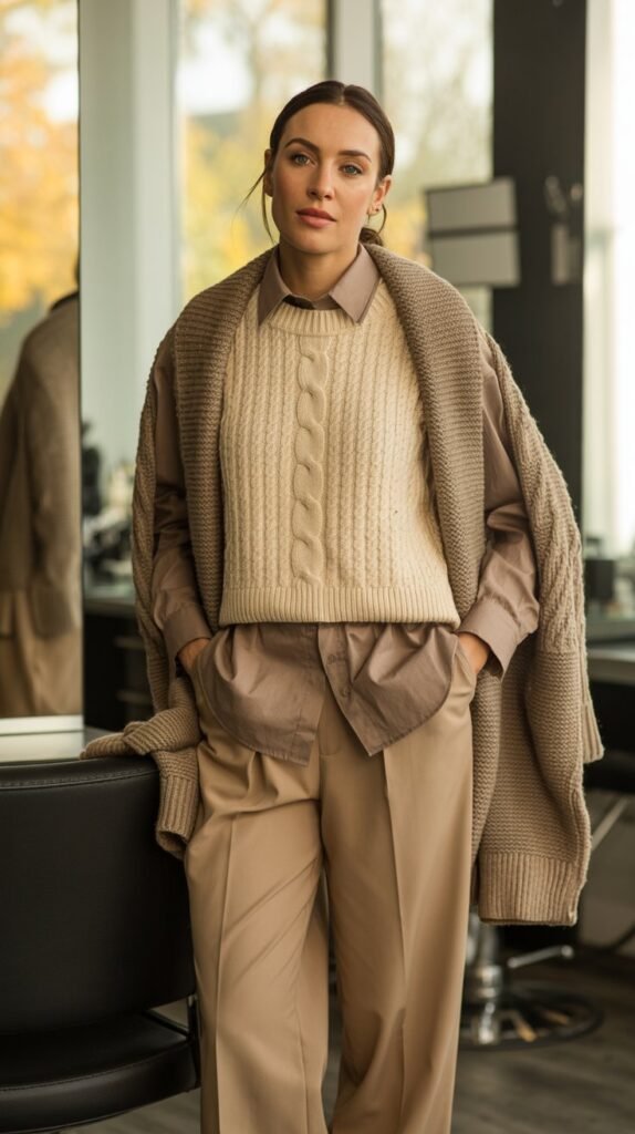 Monochrome Beige Ensemble with Textured Layers