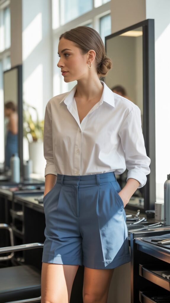  High-Waisted Shorts with Tucked Button-Down Shirt