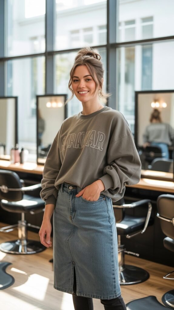 Denim Skirt with Graphic Sweatshirt