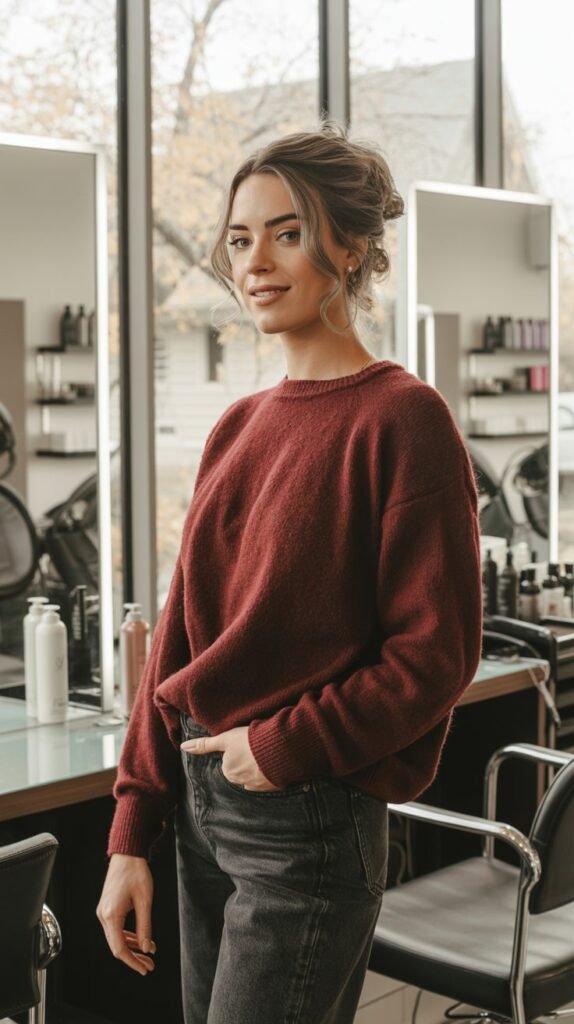 Burgundy Sweater with Dark Denim Jeans