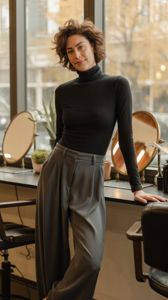Black Turtleneck Bodysuit with Wide-Leg Trousers