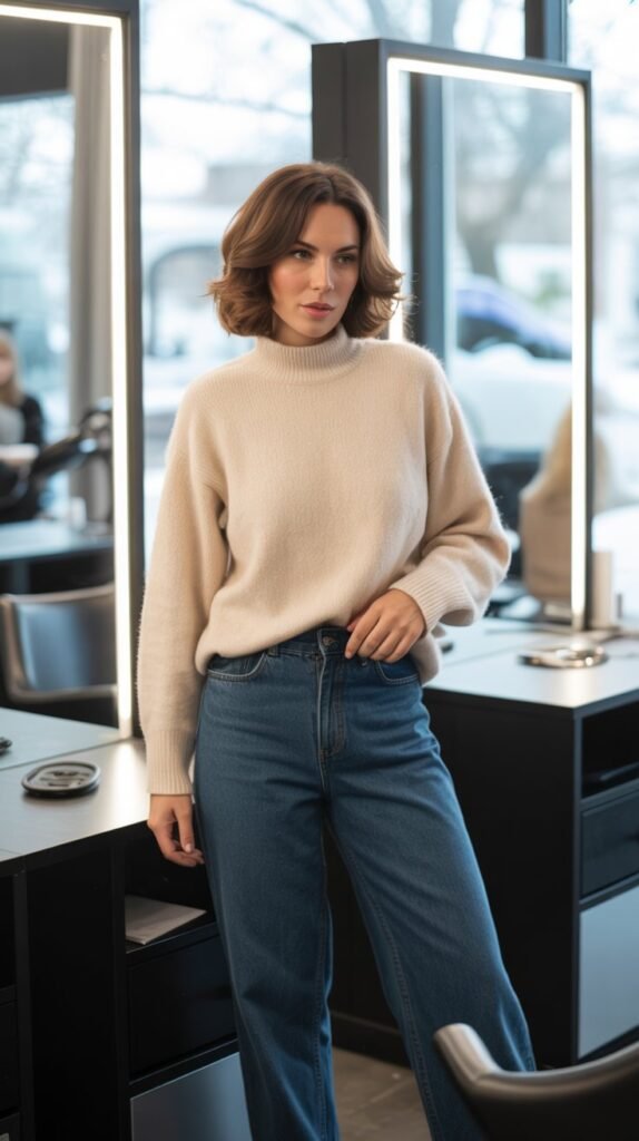  Mock Neck Sweater with Wide-Leg Jeans