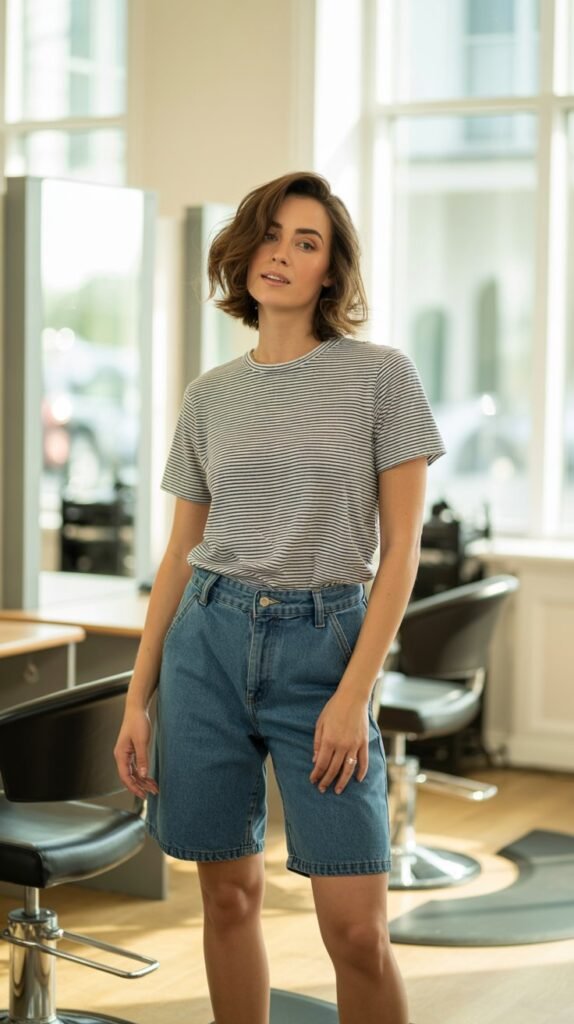 Denim Bermuda Shorts with Striped Tee