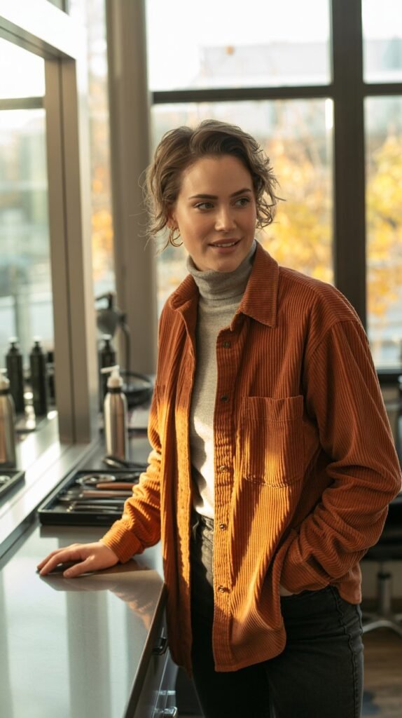 Rust-Colored Corduroy Shirt with Turtleneck