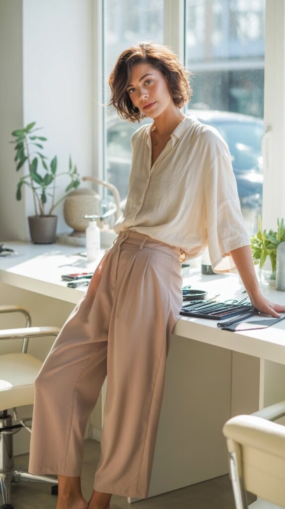 Cropped Wide-Leg Trousers with Breezy Blouse