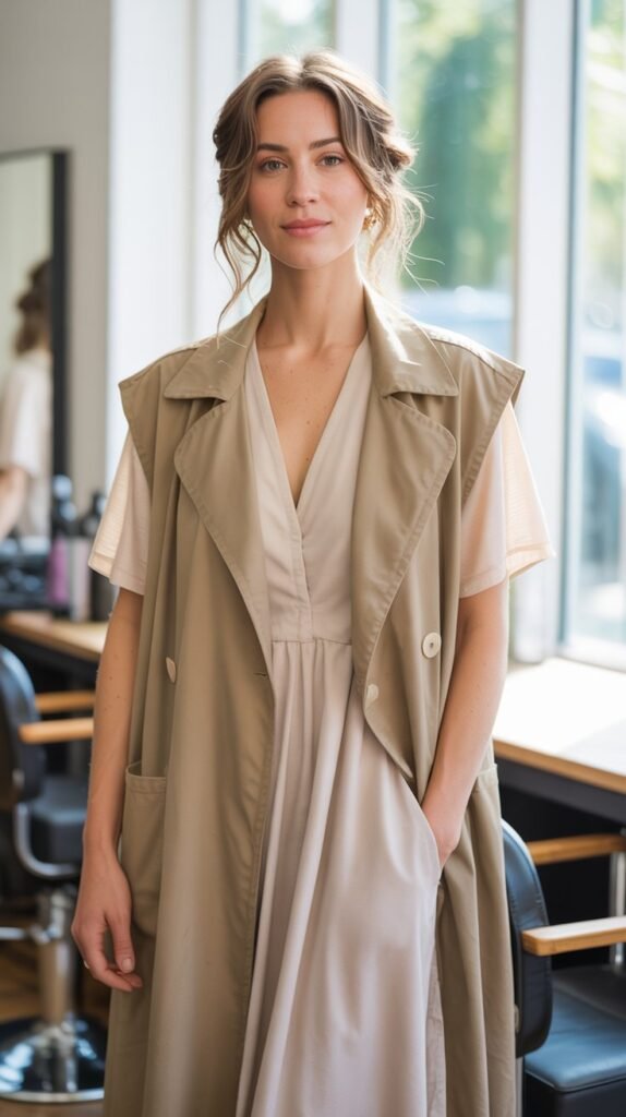 Lightweight Trench Vest over Dress