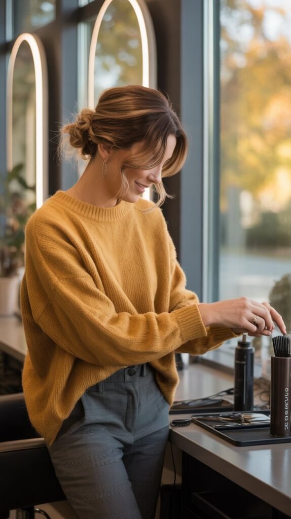 Mustard Yellow Sweater with Gray Pants
