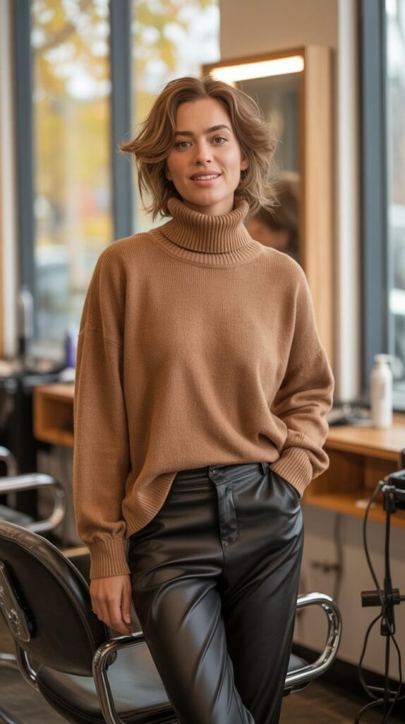 Camel Turtleneck with Leather Pants