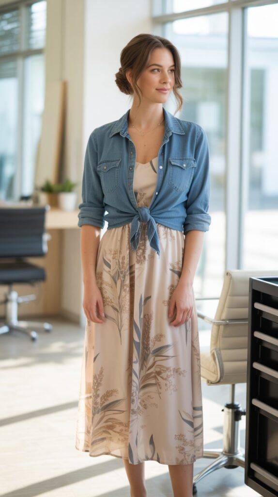 Printed Midi Dress with Denim Shirt Tied at Waist