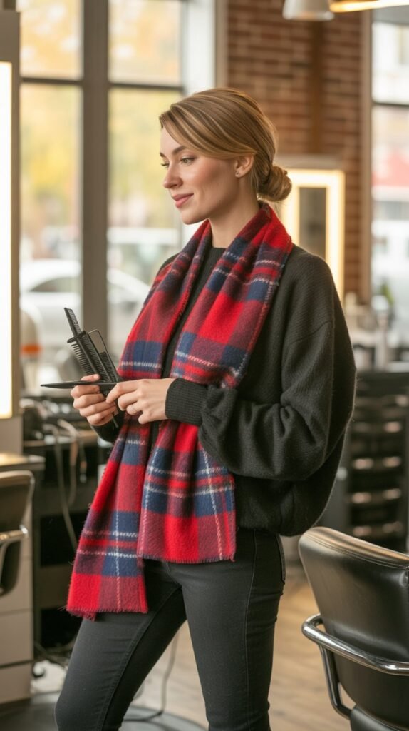 Plaid Scarf Over Monochrome Outfit