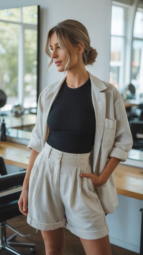  High-Waist Linen Shorts with Bodysuit