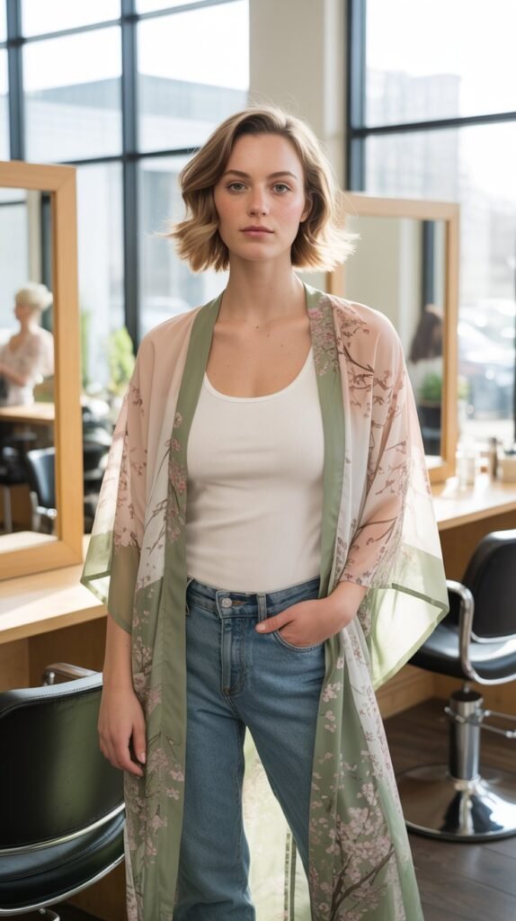 Printed Kimono over Tank and Jeans