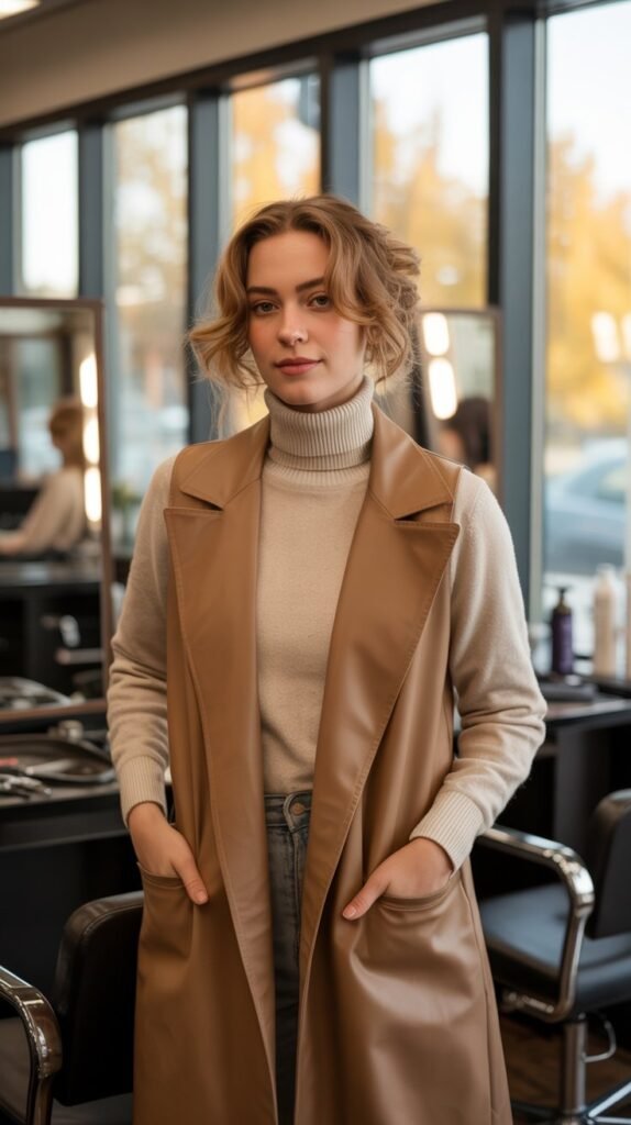 Camel Trench Vest with Turtleneck