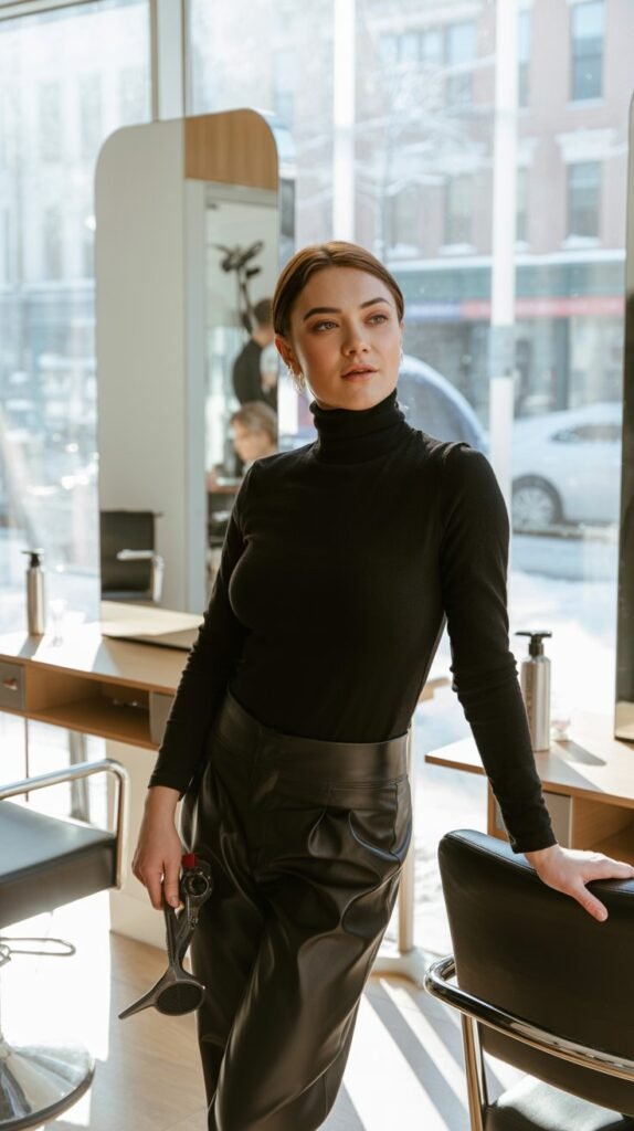 The Classic Black Turtleneck with Leather Pants
