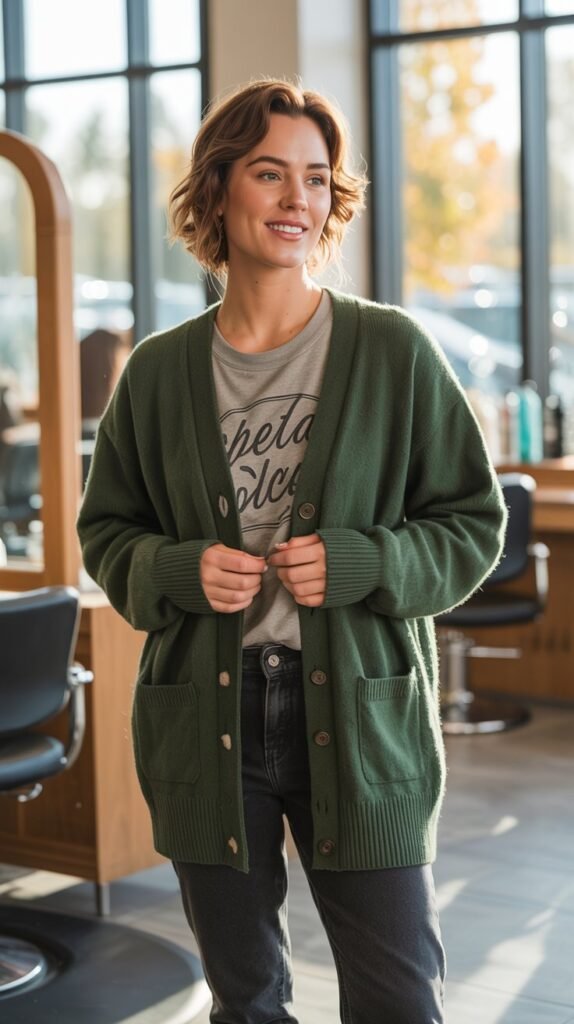  Forest Green Cardigan Over Graphic Tee