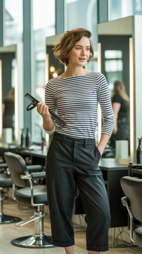 Black Ankle Pants with Striped Boatneck Top