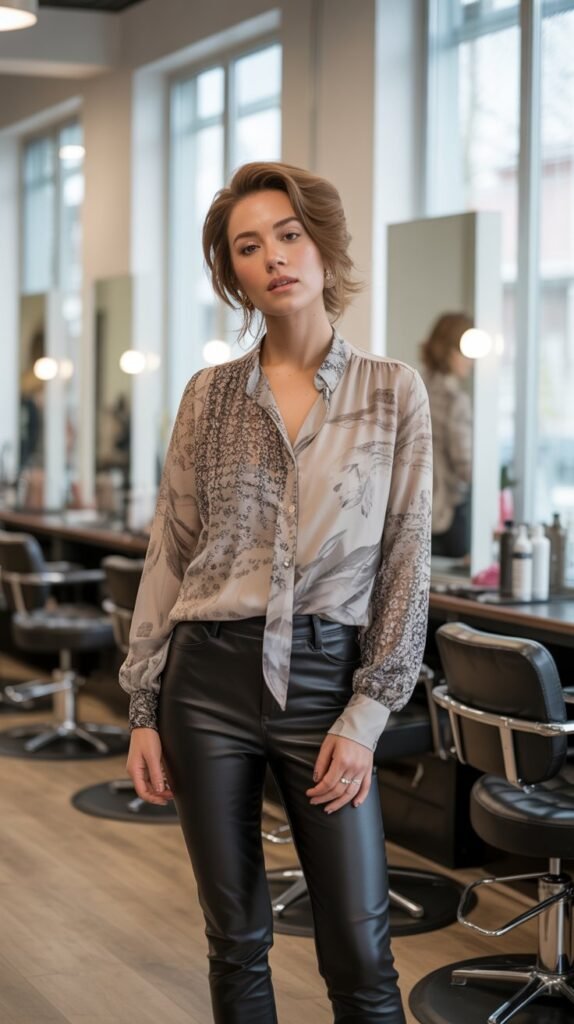  Patterned Blouse with Leather Leggings