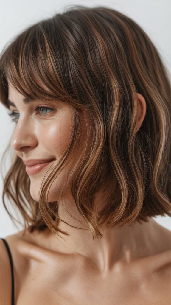 Textured Long Bob with Baby Curtain Bangs