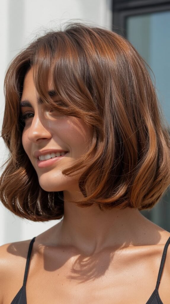Voluminous Long Bob with Rounded Curtain Bangs