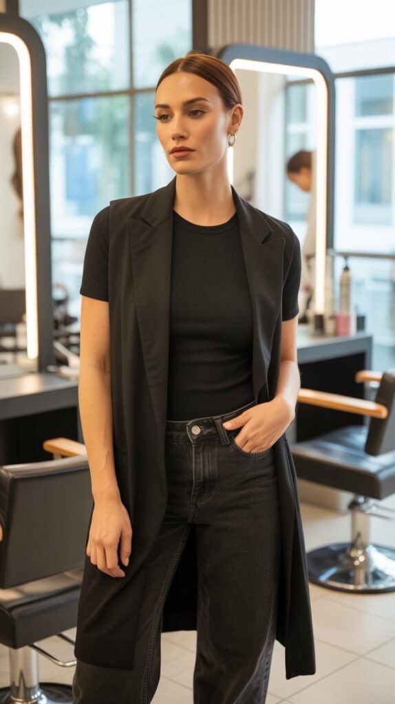  Black Longline Vest with Black T-Shirt and Jeans