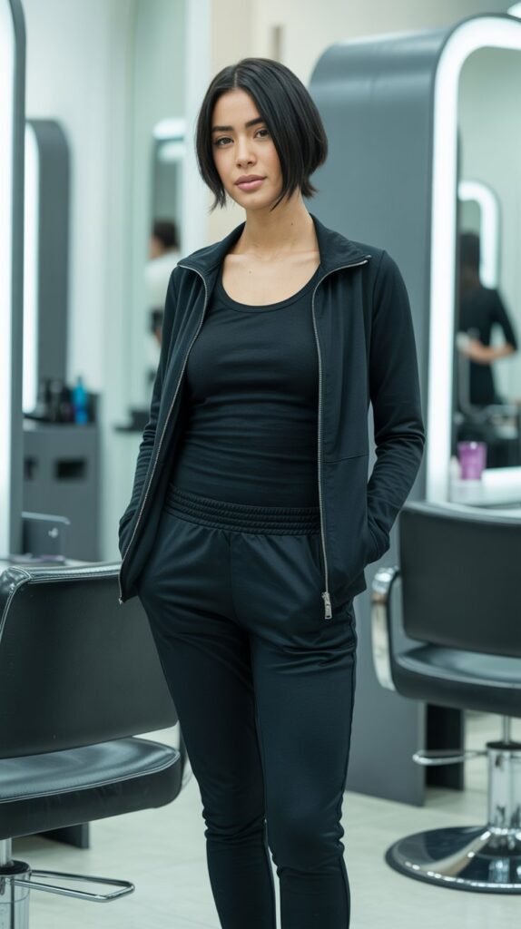 Black Mock Neck Top with Black Slim-Fit Pants