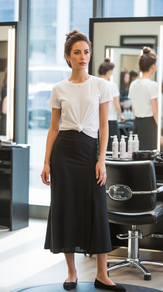 Black Midi Skirt with Tucked T-Shirt