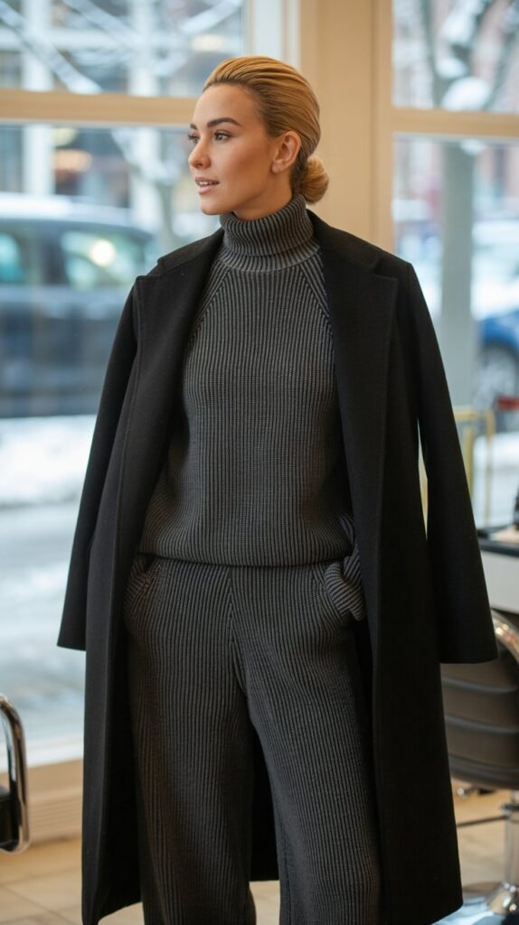 Monochrome Knit Set with Long Coat