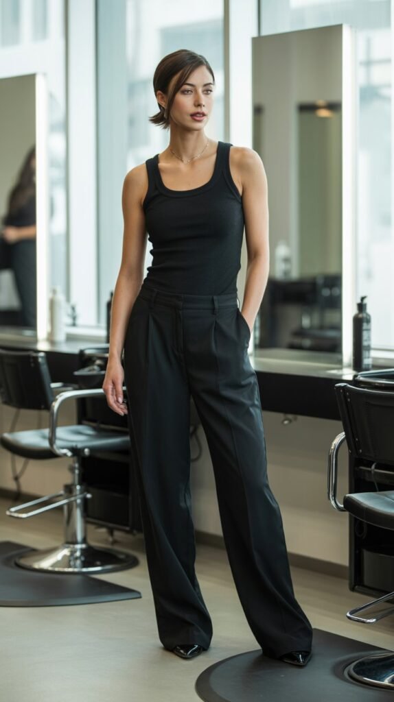 Black Wide-Leg Trousers with Black Tank Top