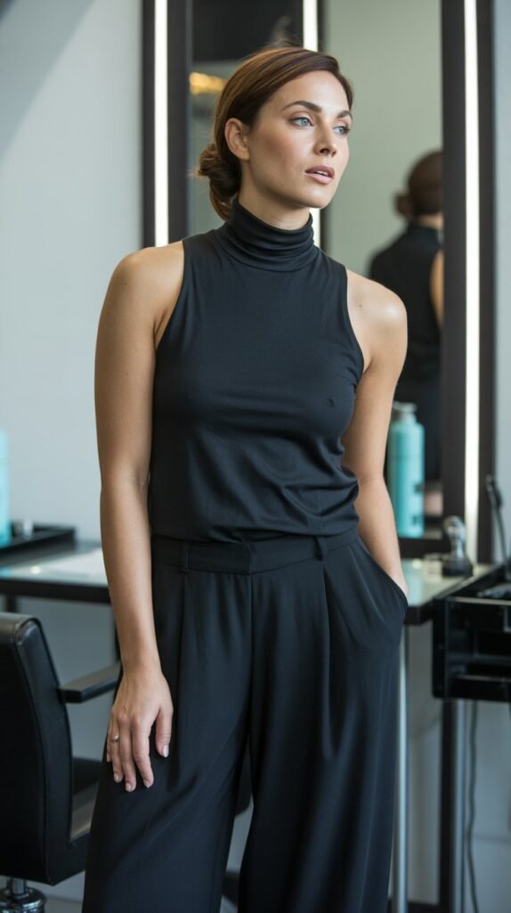 Black Sleeveless Turtleneck with Black Palazzo Pants