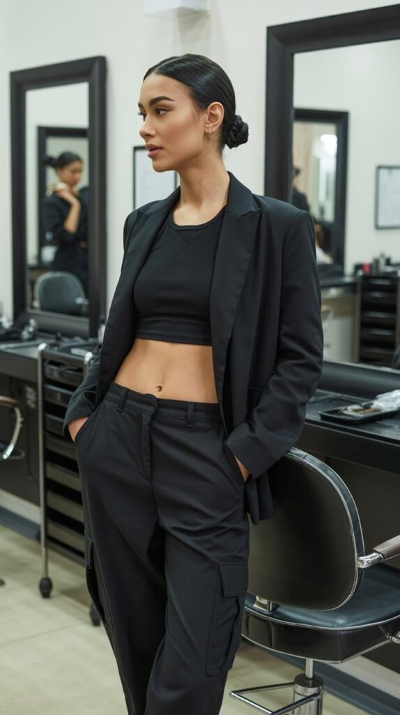 Black Cargo Pants with Black Crop Top