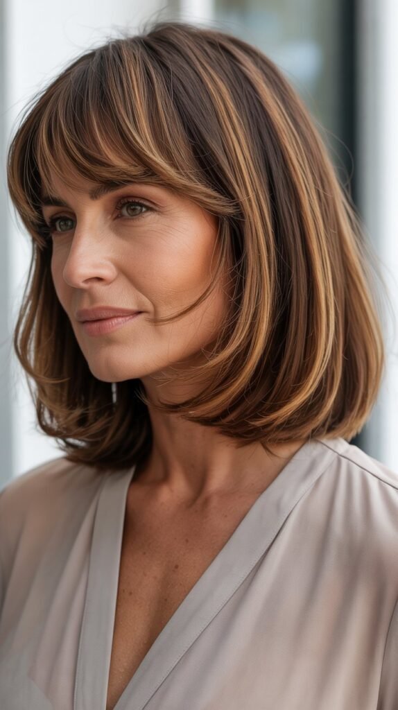 Long Bob with Curtain Bangs and Lowlights