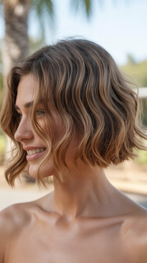 Textured Medium Angled Bob with Beach Waves