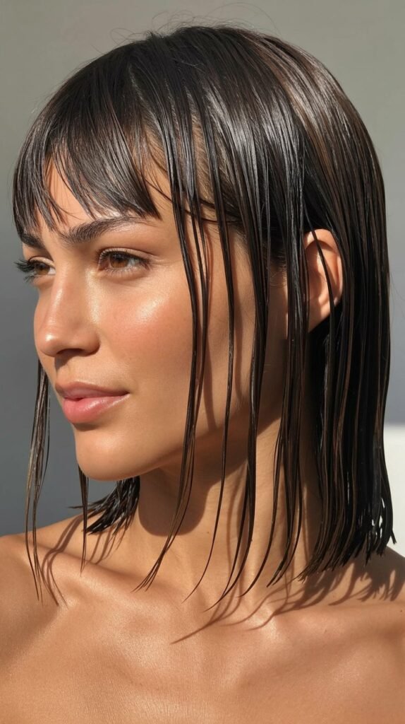 Sleek Long Bob with Curtain Bangs - Wet Look