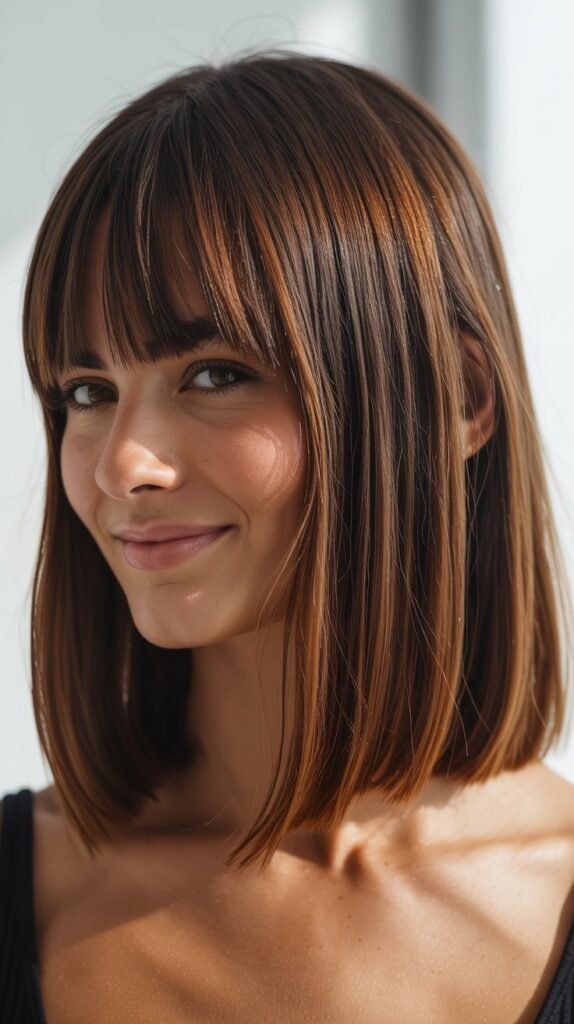  Straight Long Bob with Thick Curtain Bangs