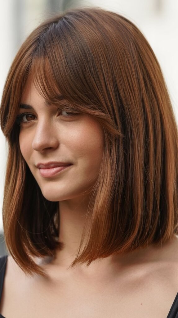 Long Bob with Curtain Bangs for Heart-Shaped Faces