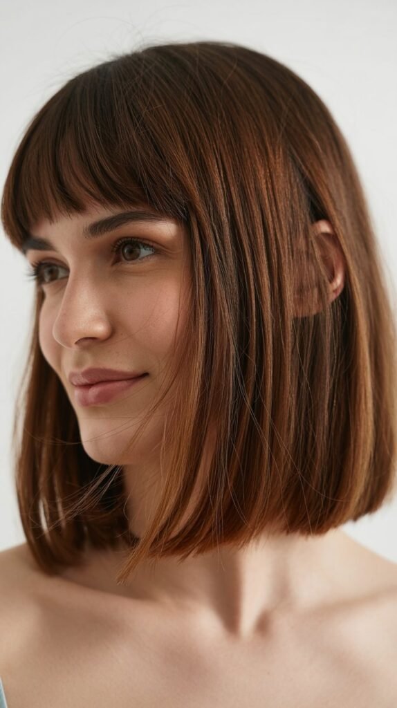  Long Bob with Curtain Bangs for Square Faces
