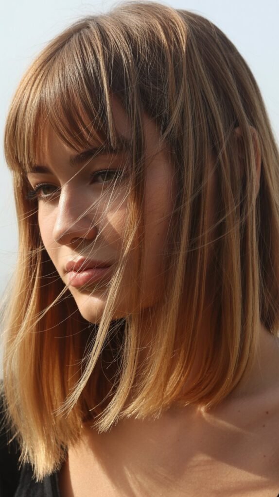  Long Bob with Curtain Bangs and Highlights