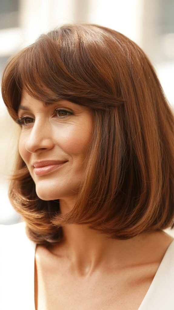 Long Bob with Curtain Bangs for Round Faces
