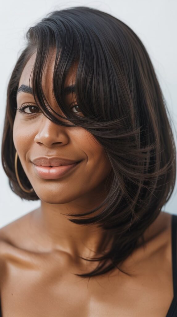 Asymmetrical Long Bob with Side-Swept Curtain Bangs