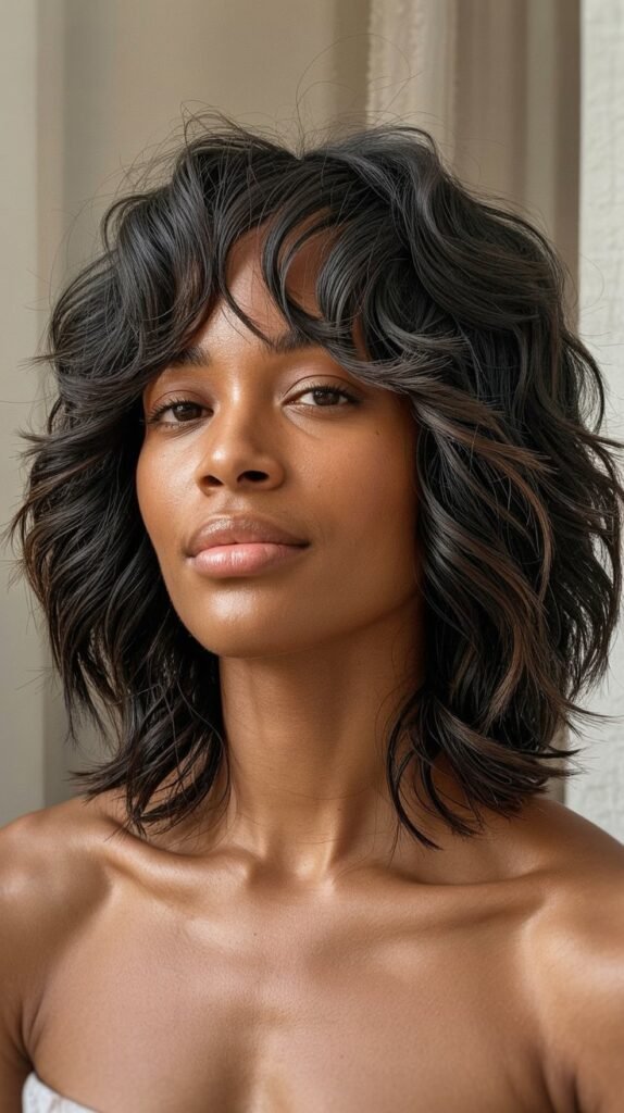  Messy Long Bob with Textured Curtain Bangs