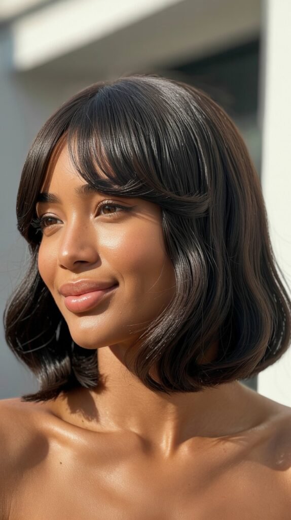 Long Bob with Curtain Bangs for Heart-Shaped Faces