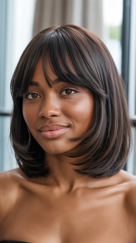 Long Bob with Curtain Bangs for Oval Faces