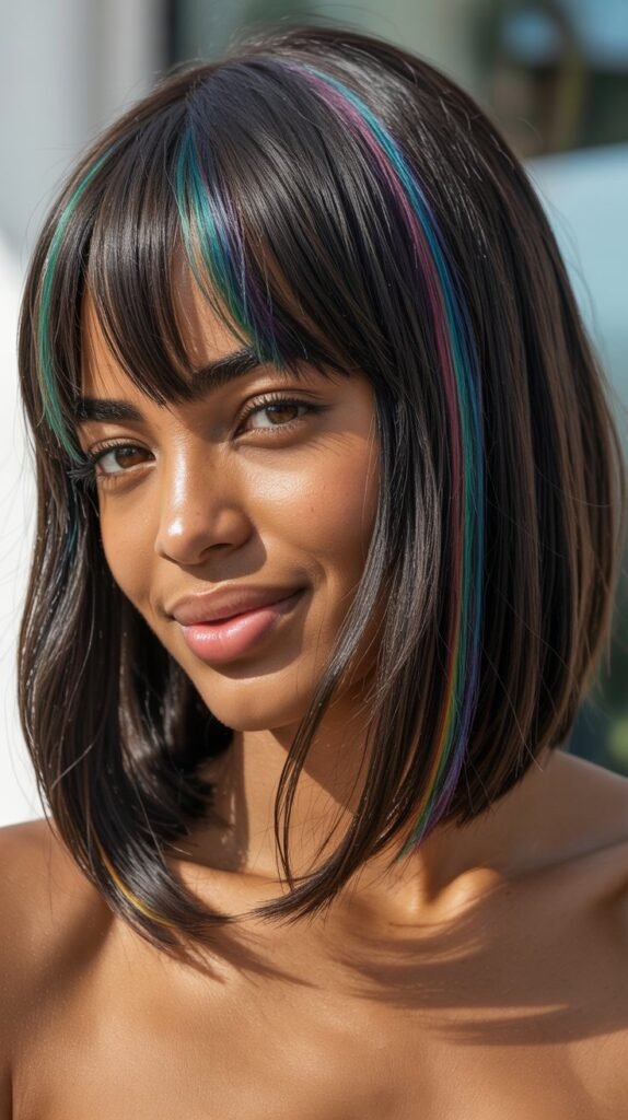 Long Bob with Curtain Bangs and Hidden Rainbow